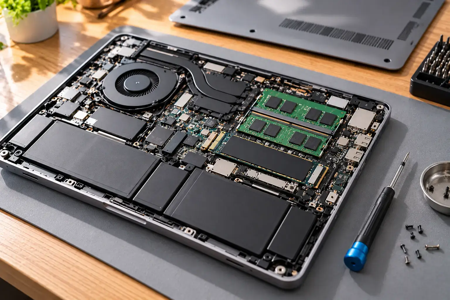 Laptop with the bottom panel removed showing the RAM, SSD and cooling fan, with a screwdriver and screws