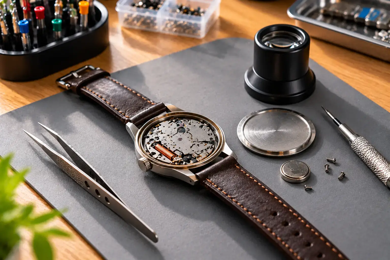 Analog wristwatch with its case back open, a watchmaker's loupe, tweezers and a coin-cell battery on a repair mat