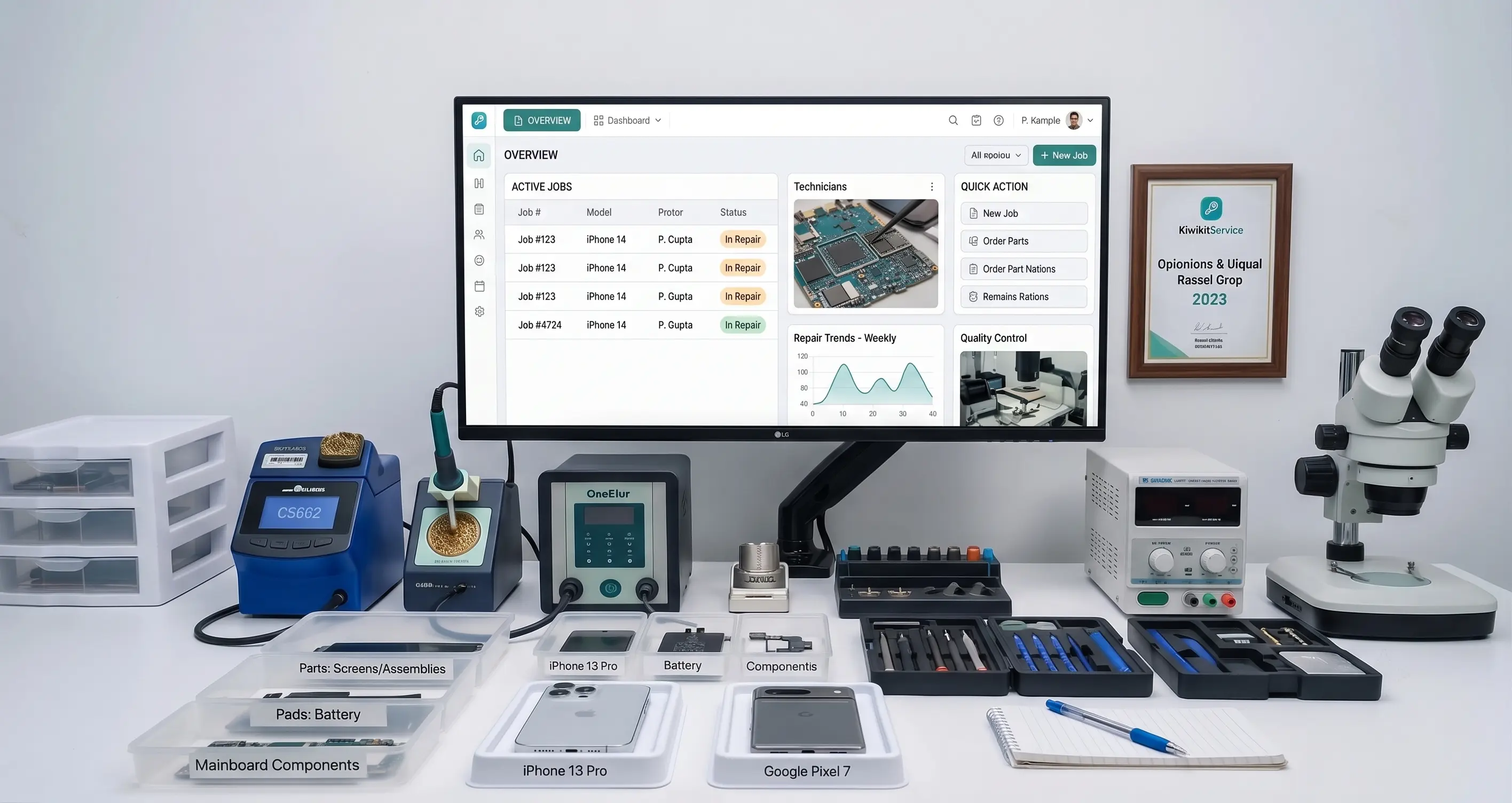 The same bench running Kiwikit Service: active repairs, the technician handling each one and its status on the monitor, with parts sorted into labelled trays.