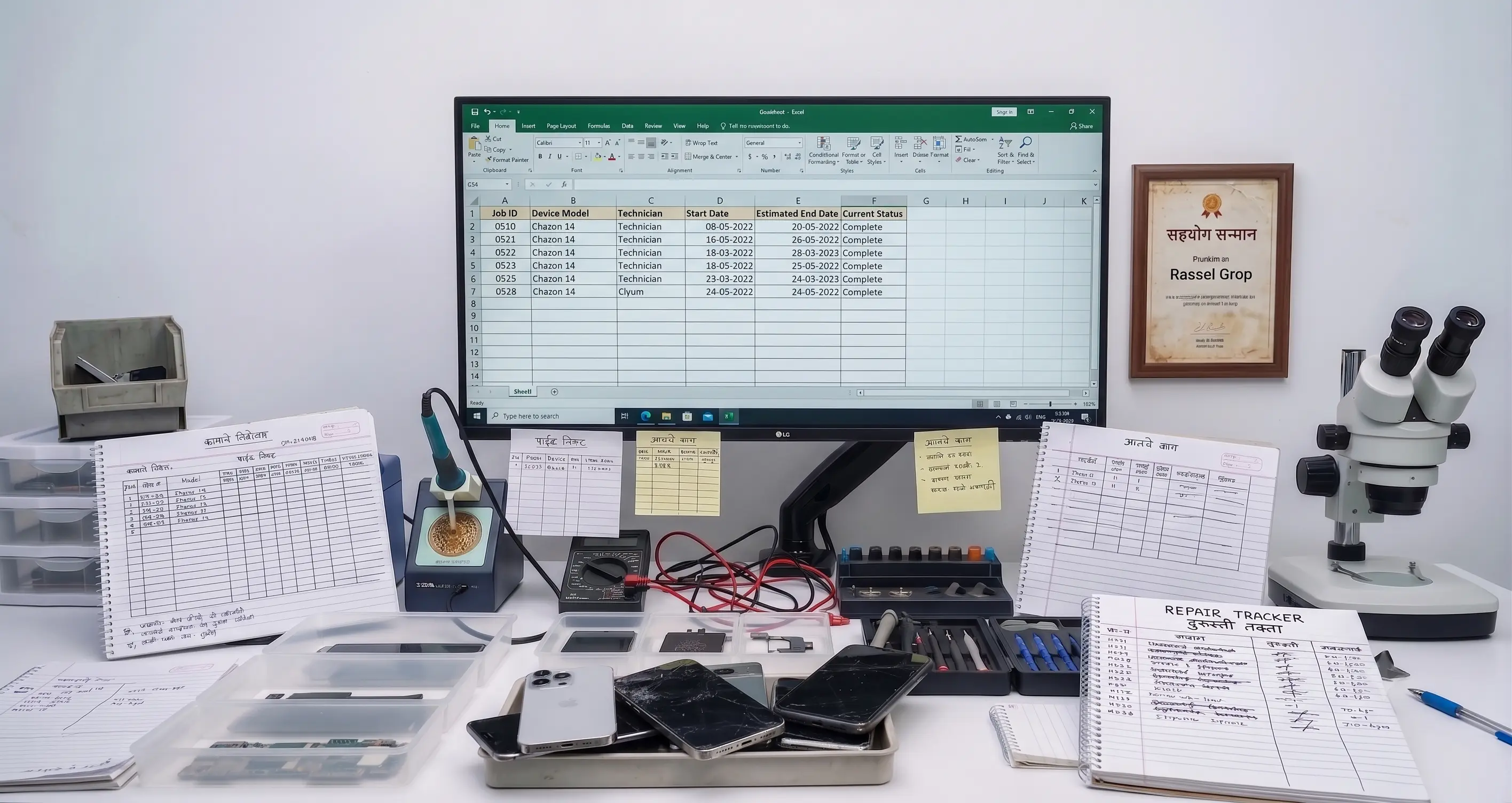 A repair bench today: a spreadsheet of job IDs on the monitor, handwritten job registers and a REPAIR TRACKER notebook, sticky notes on the screen bezel, and cracked phones waiting in a tray.
